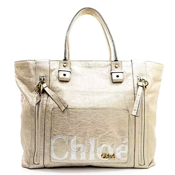 CHLOE Eclipse Oversized Ivory Silver Gold Tote Shoulder Bag Exterior Zip Pockets - Picture 4 of 17